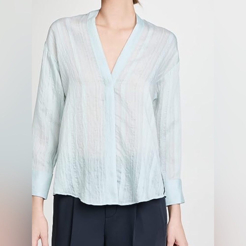 Vince Drapey Stripe V-Neck Long Sleeve Blouse Light Blue